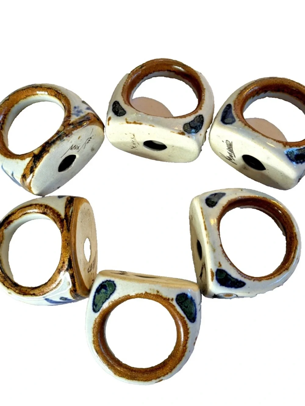 Vintage Ken Edwards Tonala Mexican Pottery Napkin Rings Set of 6 Signed KE